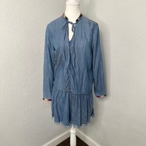 DRIFTWOOD Chambray Shaye Embroidered Tassel Tie‎ Neck Dress Blue Size M